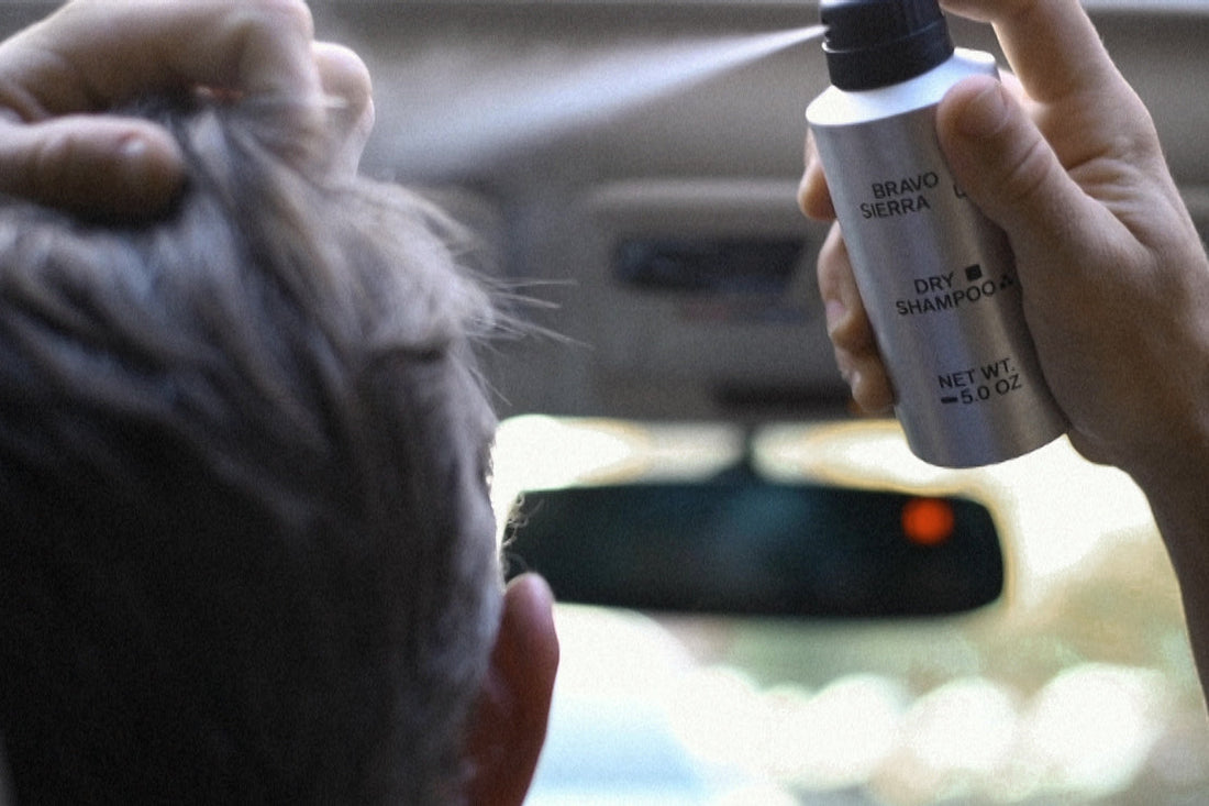Dry shampoo by Bravo Sierra showing a sleek white bottle with a pump, designed for quick refresh and styling.