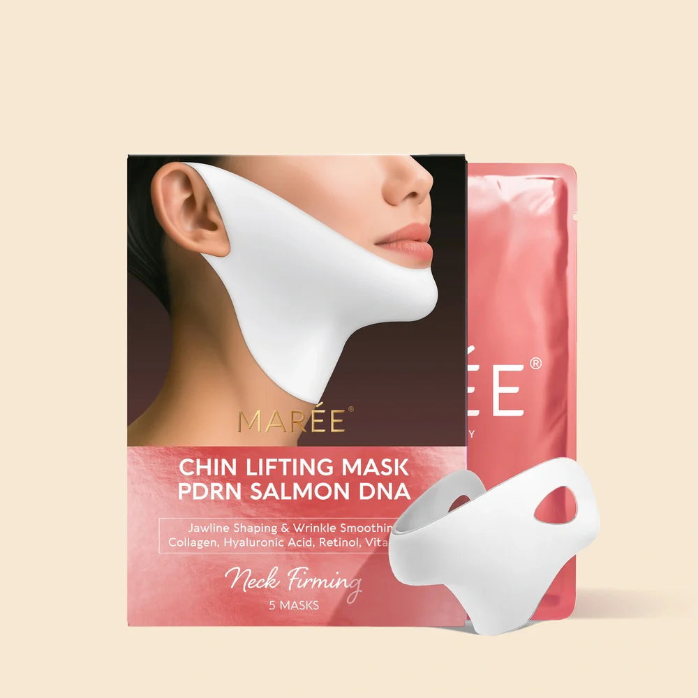 Maree PDRN V-line lifting mask applied on face, showcasing a skincare mask for facial lifting and skin rejuvenation.
