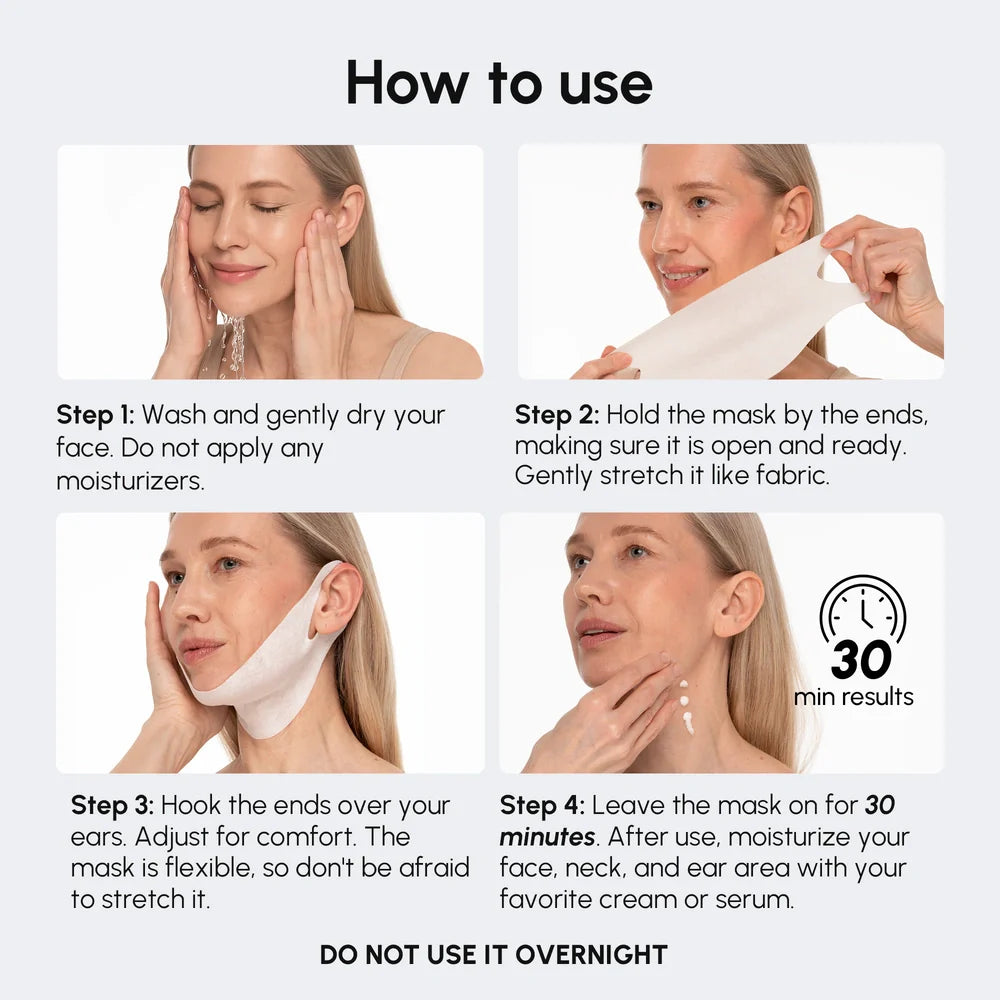 Maree PDRN V-line Lifting Mask applied on face showing a close-up of the skincare mask for facial lifting and rejuvenation.