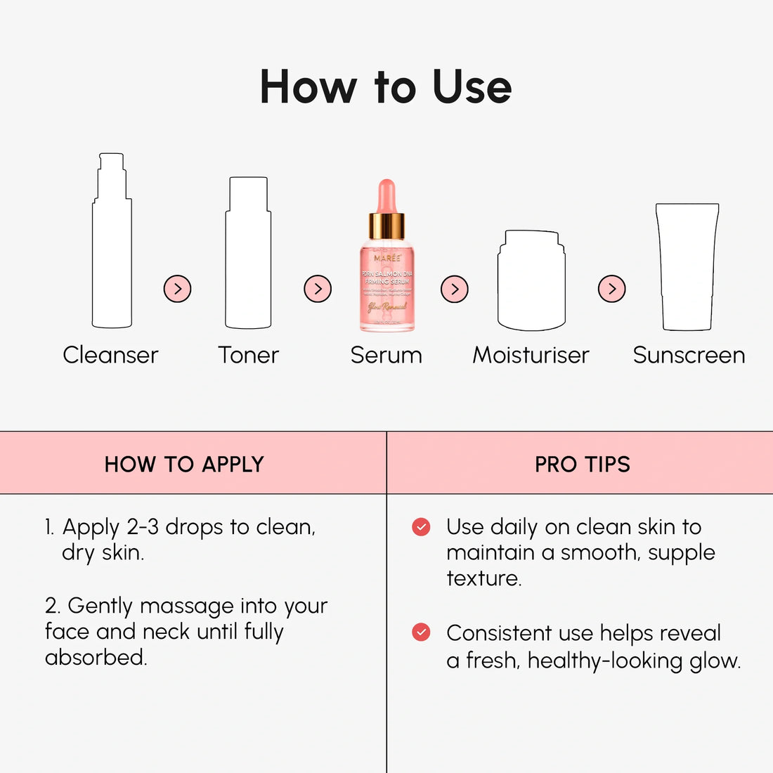 Maree Firming &amp; Renewing PDRN Serum bottle with dropper, clear packaging showing serum inside, on a neutral background.