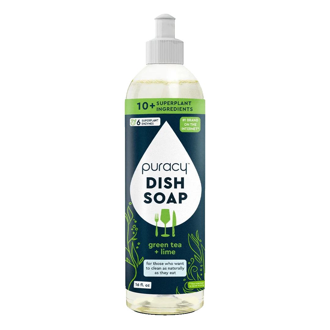 Puracy dish soap bottle with label, showcasing liquid dishwashing soap in a clear plastic container with a pump dispenser.