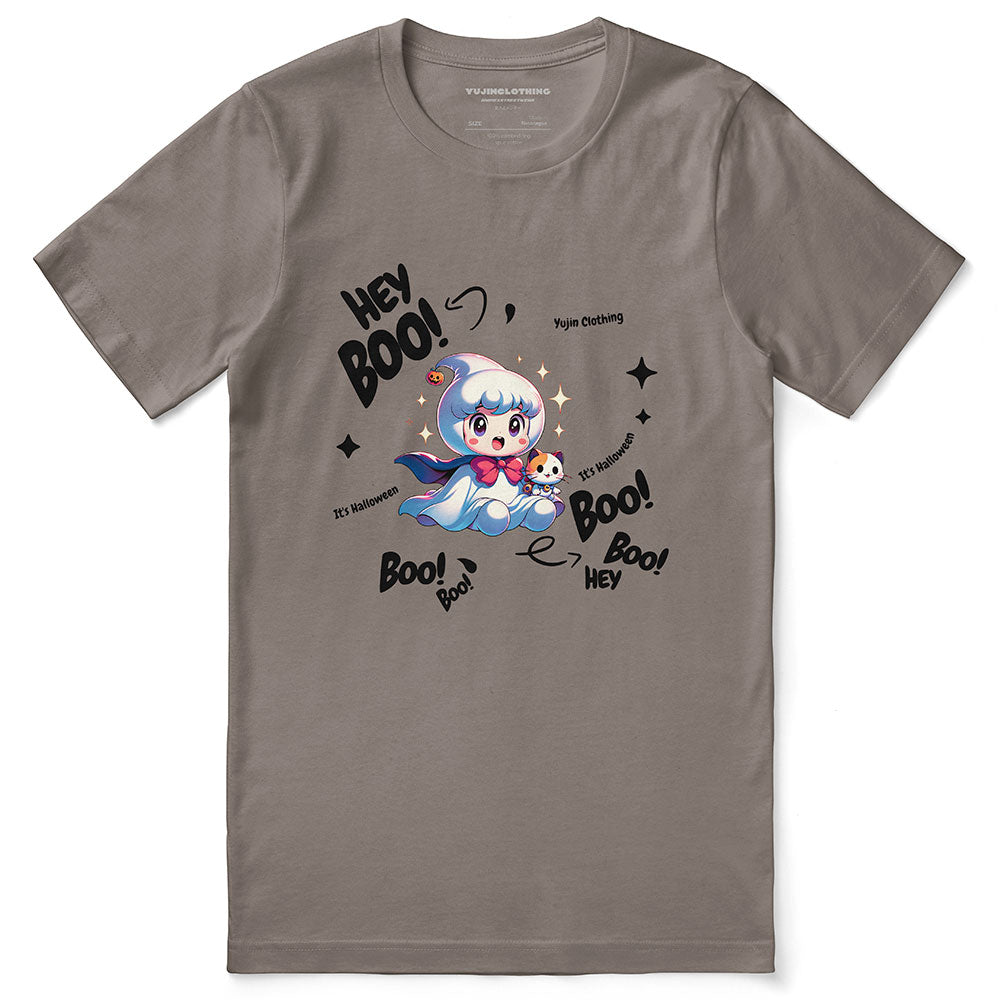 White Cute Ghost T-Shirt by Yūjin Clothing featuring a playful ghost graphic on soft cotton fabric.
