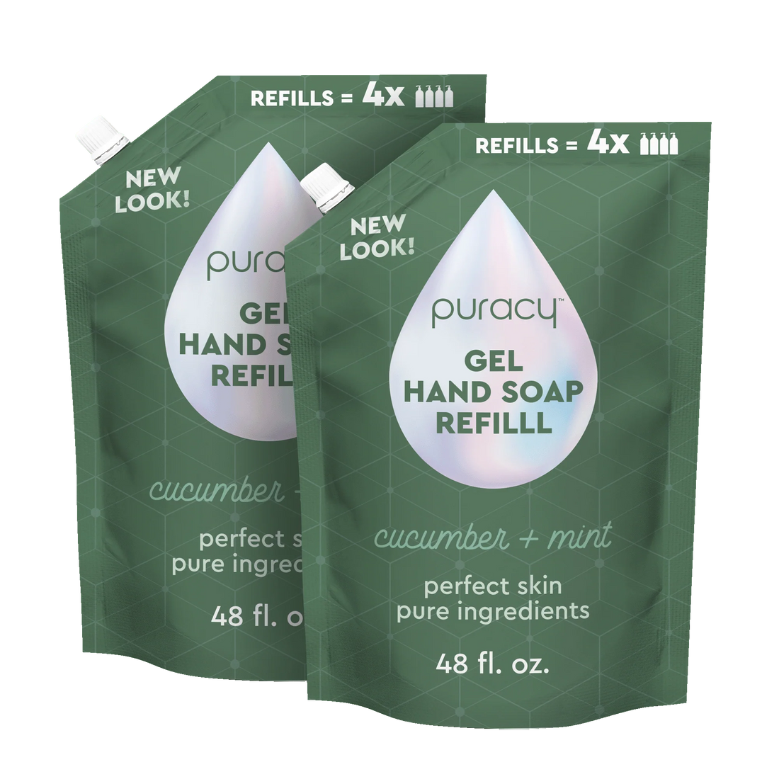 Puracy gel hand soap in a clear pump bottle, showing the label and dispensing nozzle, designed for effective hand cleaning.