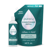 Puracy silicone-free conditioner bottle with label, showcasing natural hair care formula free from sulfates and dimethicone.