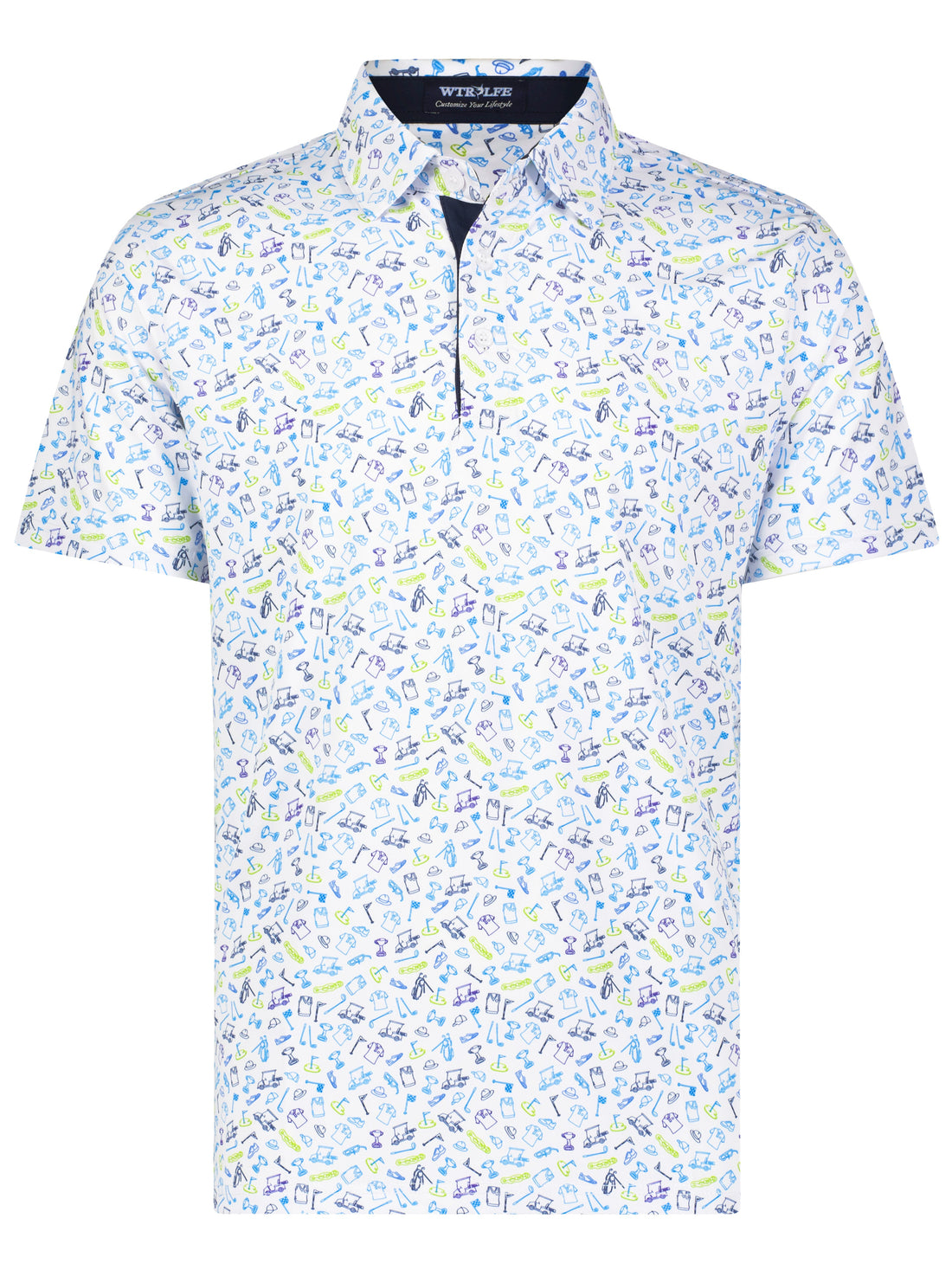 White Water Life Links Print Polo shirt, featuring a stylish golf-inspired design, displayed on a neutral background.