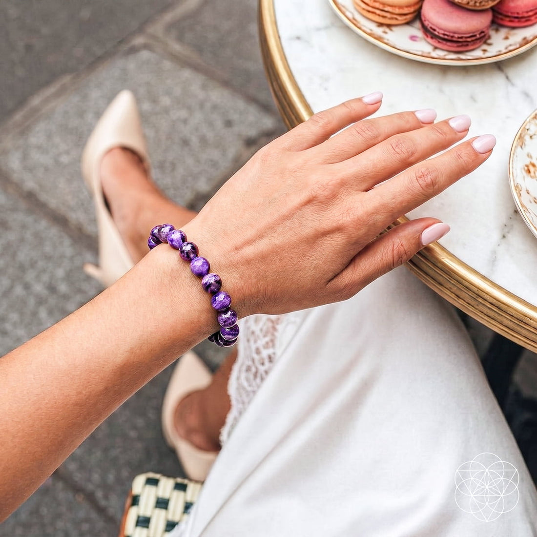Unshakeable Intuition Siberian Charoite bracelet from Conscious Items, featuring vibrant purple stones on a stylish bracelet.