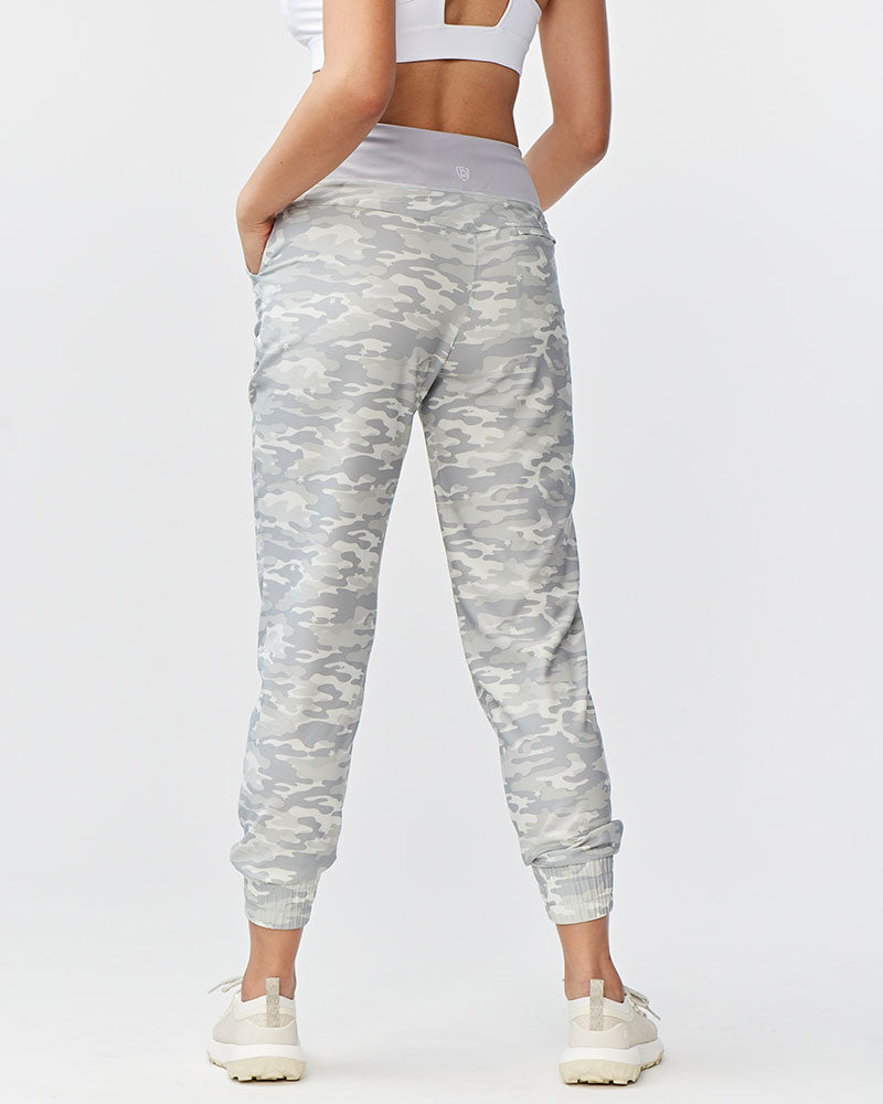 Goal Five Excel Jogger 7/8 length training pant in ash camo, back view showing comfortable athletic fit and tapered design.