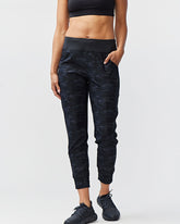 Goal Five Excel Jogger 7/8 length training pant in black camo, front view showing comfortable fit and tapered ankle design.