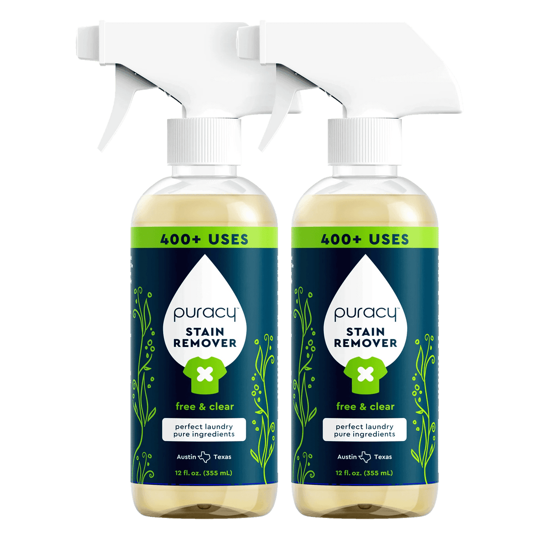 Puracy laundry stain remover bottle with label, designed for effectively removing stubborn stains from clothing.