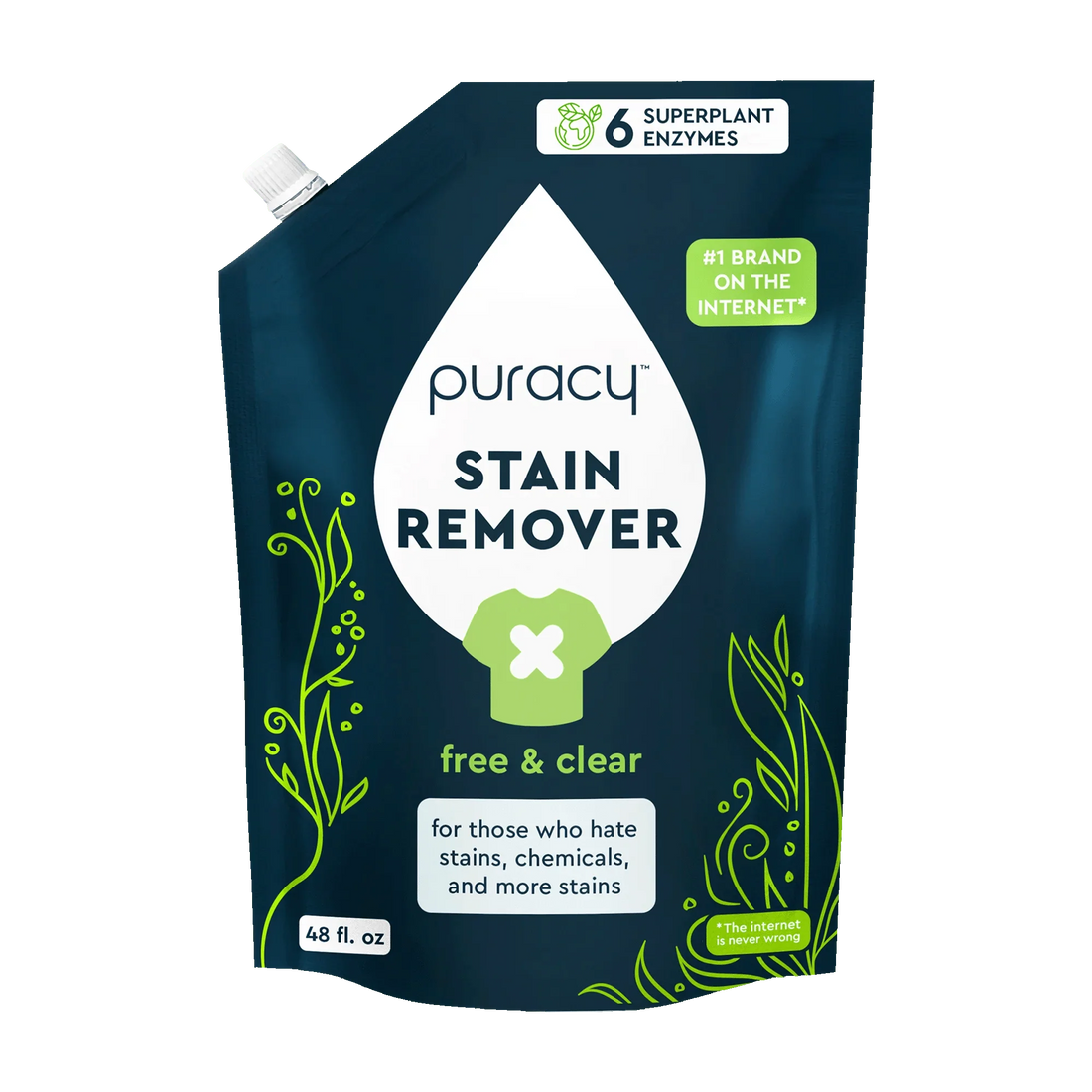Puracy laundry stain remover bottle with label, designed to eliminate tough stains from clothing and fabrics.