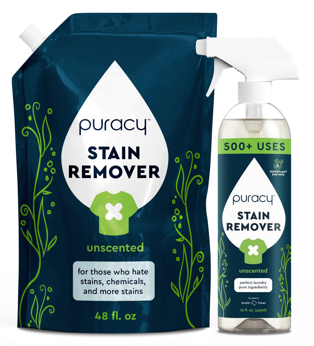 Puracy laundry stain remover bottle with a label featuring stain removal description and brand logo, 48 oz size.