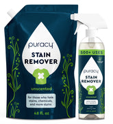 Puracy laundry stain remover bottle with a label featuring stain removal description and brand logo, 48 oz size.