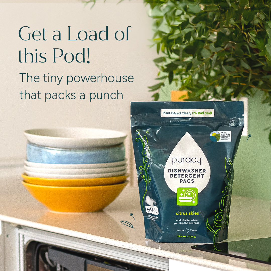 Puracy dishwasher detergent pods in a 50-count container, showing white pods with blue and green accents for effective cleaning.