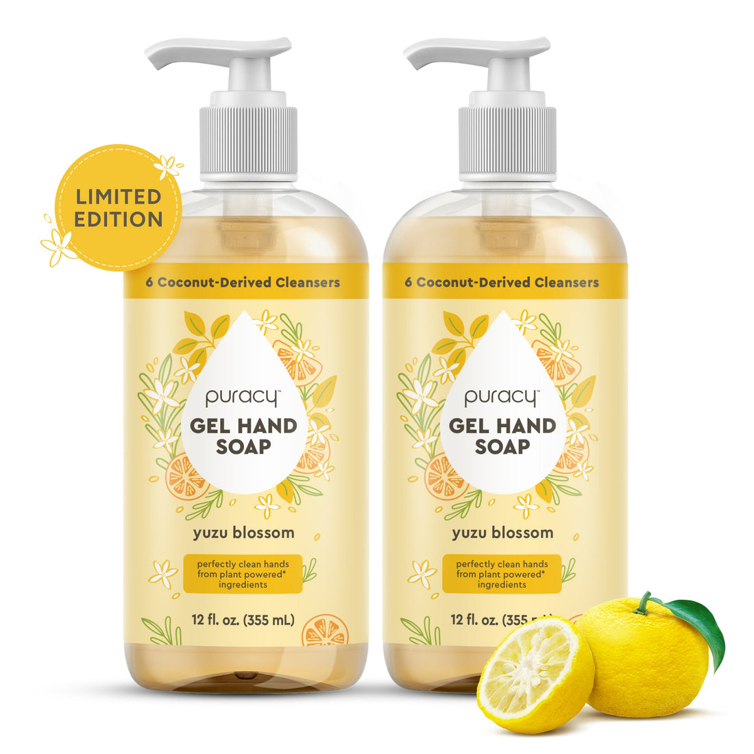 Puracy gel hand soap with yuzu scent, featuring a clear bottle and pump dispenser, designed for gentle hand cleansing.