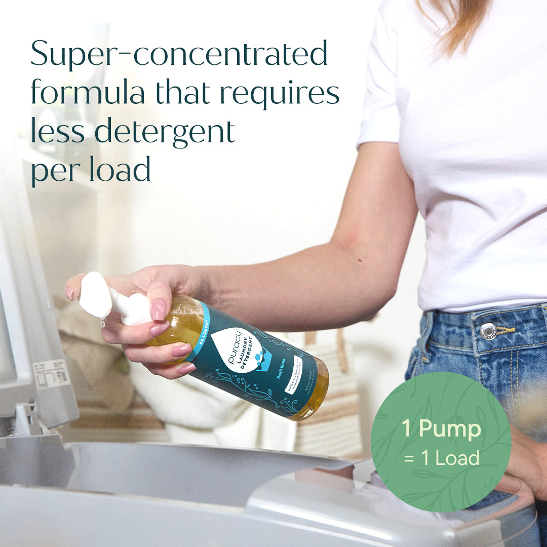Puracy concentrated sulfate-free laundry detergent bottle with a clean label and fresh scent in a bright, modern setting.