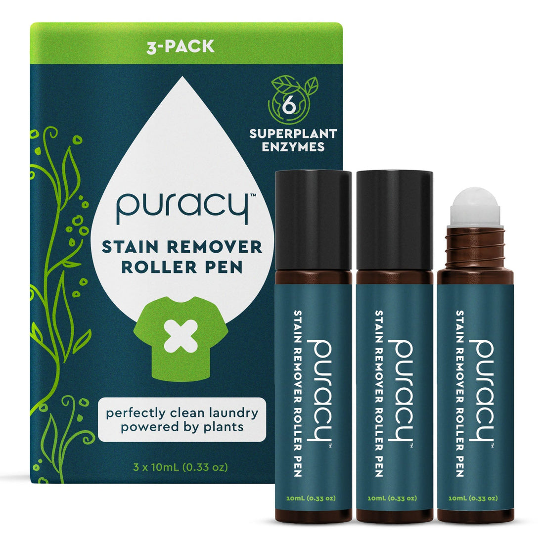 Puracy laundry stain remover pen with white and blue packaging, displayed alongside its boxes, for effective stain removal.