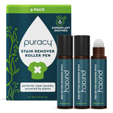 Puracy laundry stain remover pen with white and blue packaging, displayed alongside its boxes, for effective stain removal.