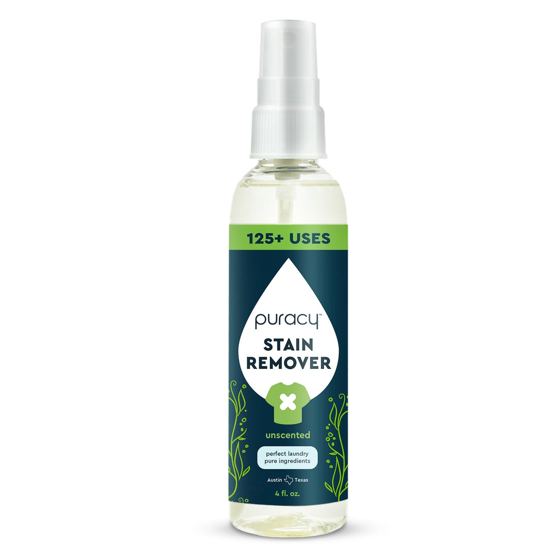 Puracy stain remover bottle for laundry, showing clear label and 4-ounce size, designed to eliminate tough stains from fabrics.