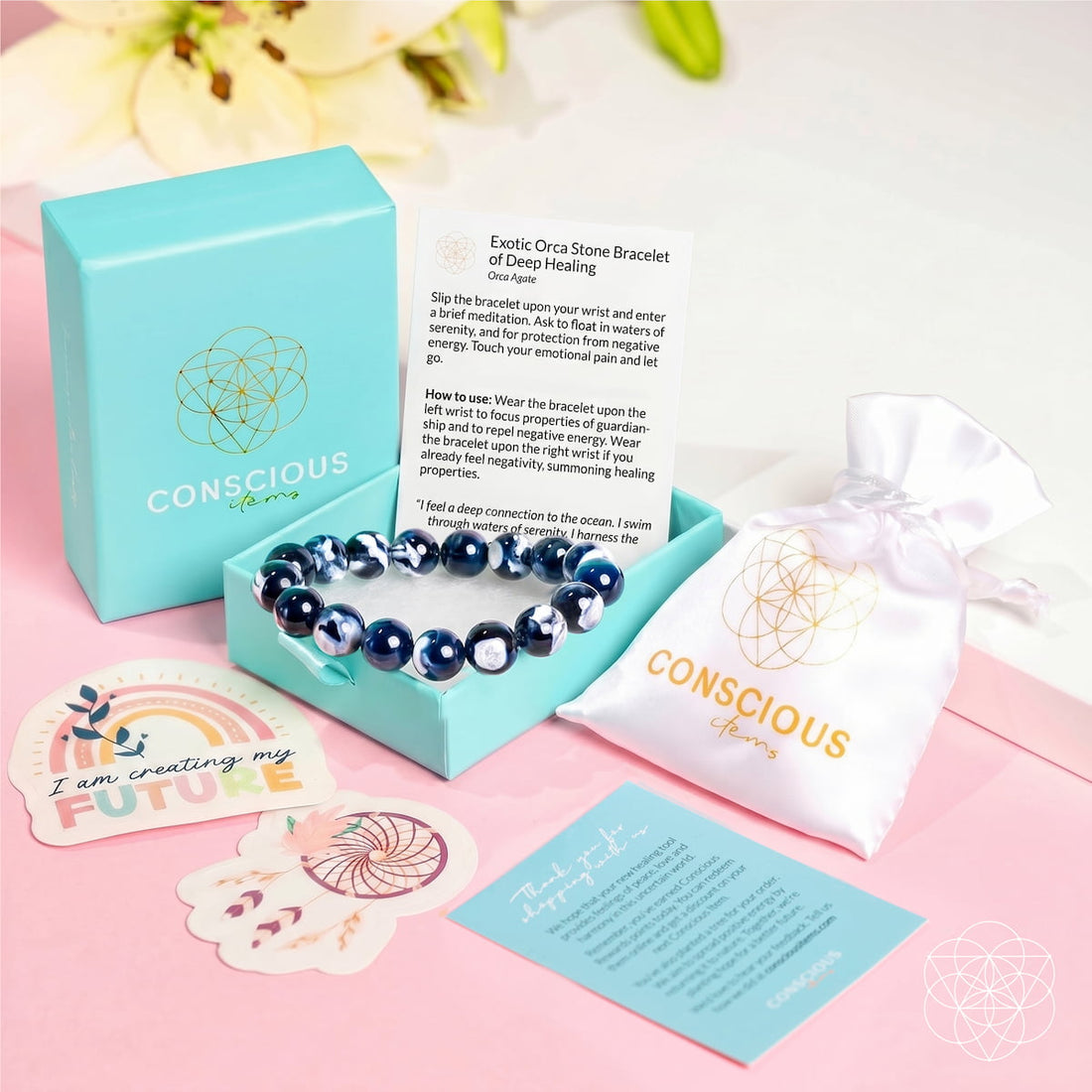 Exotic Orca Agate bracelet from Conscious Items displayed alongside packaging, showcasing deep healing properties and natural stone design.