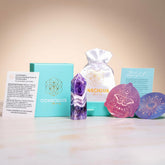 Chevron Amethyst point of transformation in packaging, used as a home decoration by Conscious Items, showcasing natural stone details.