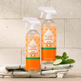 Puracy Pet Stain & Odor Remover in 25oz bottles, two-pack, with cleaning spray bottles for pet stain and odor removal.