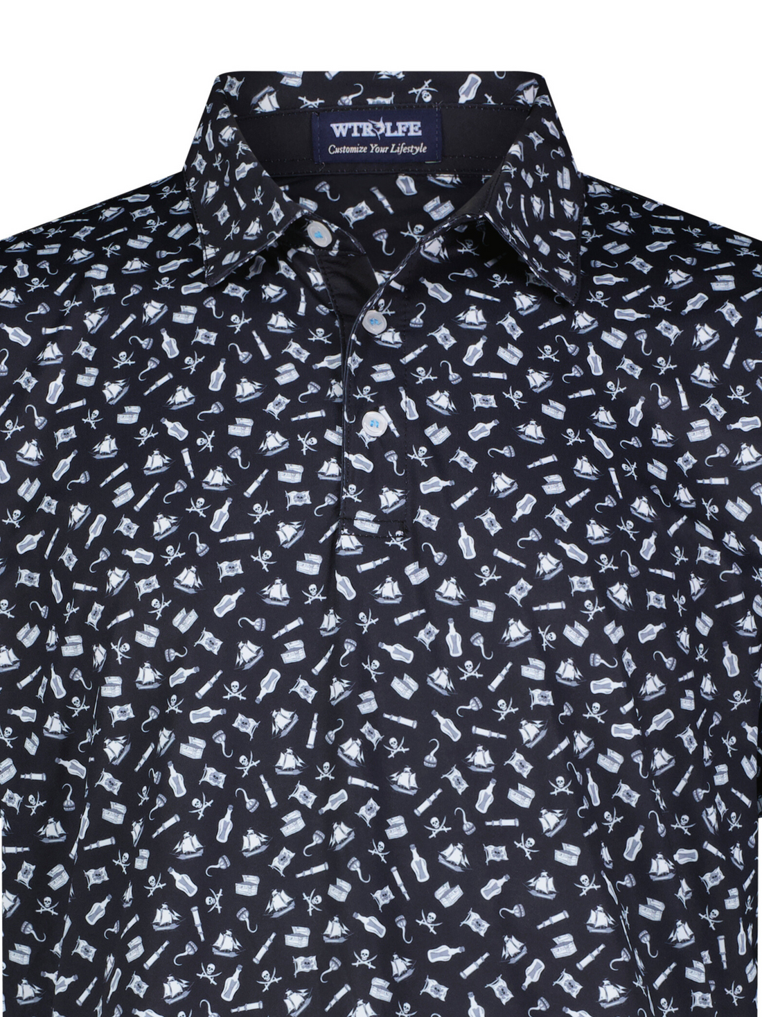 Close-up of White Water Life Pirate Polo showing navy blue fabric with pirate-themed embroidered design.