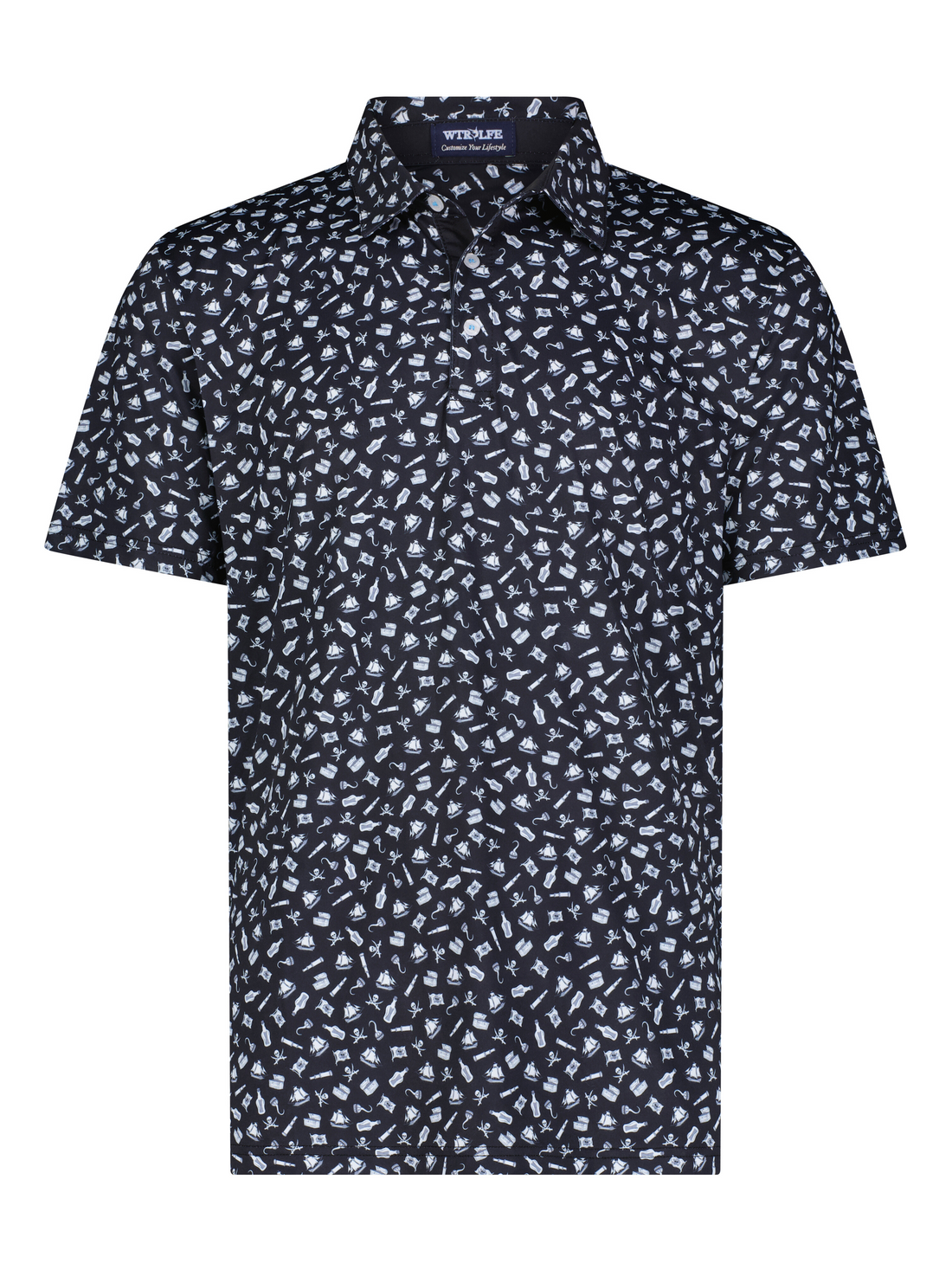 White Water Life Pirate Polo shirt with nautical design, featuring a classic polo collar and embroidered pirate-themed graphics.