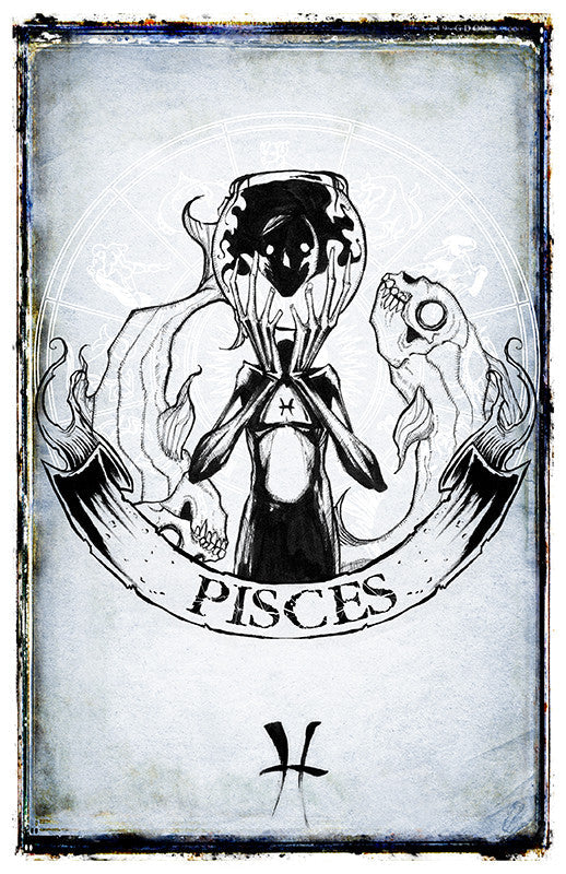 Pisces zodiac sign poster featuring artistic illustration, part of Shawn Coss Zodiac Prints collection by Any Means Necessary Clothing.