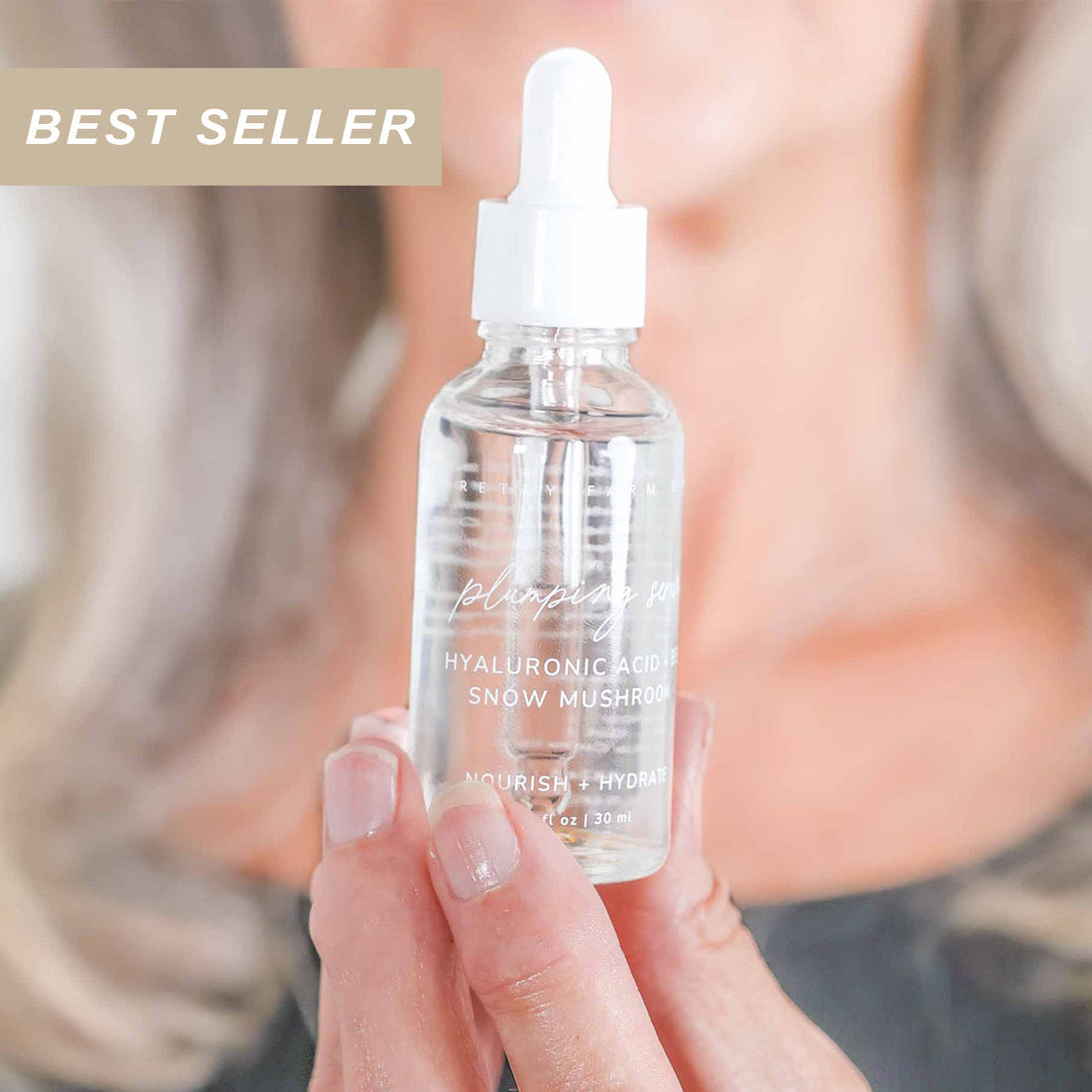 Pretty Farm Girl hyaluronic plumping face serum with vitamin B5 and snow mushroom in a 1oz bottle, best seller.