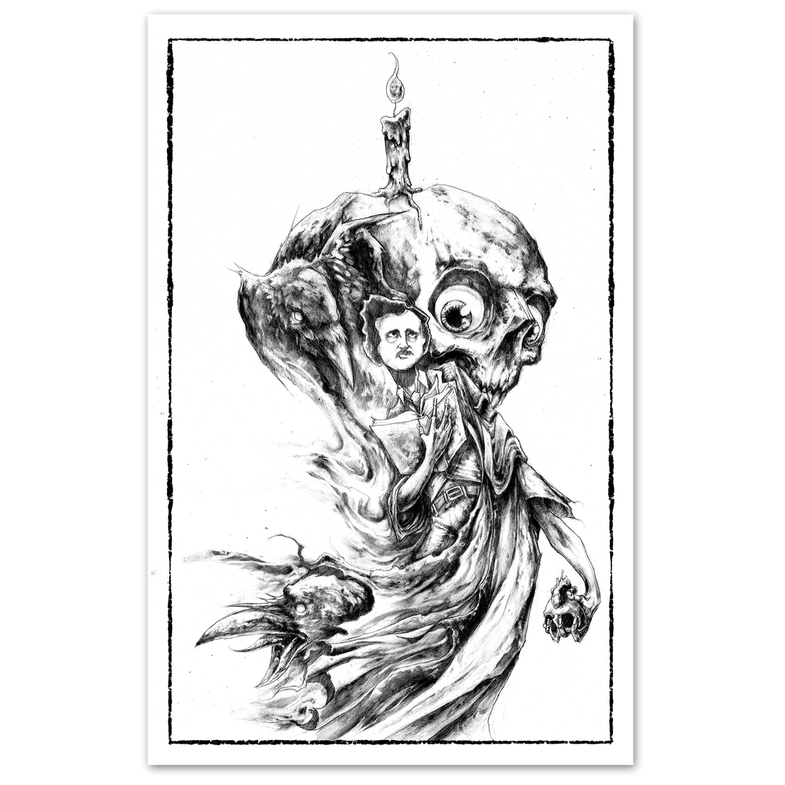Poe poster print by Any Means Necessary Clothing featuring a detailed black and white portrait of Edgar Allan Poe.