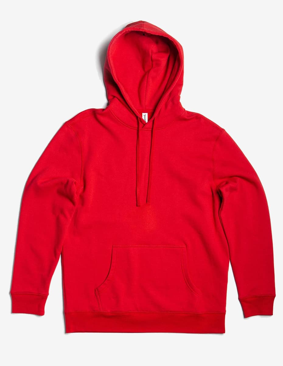 Red fleece unisex hoodie pullover by SpectraUSA, midweight fleece with a hood and front pocket.