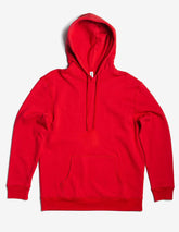 Red fleece unisex hoodie pullover by SpectraUSA, midweight fleece with a hood and front pocket.