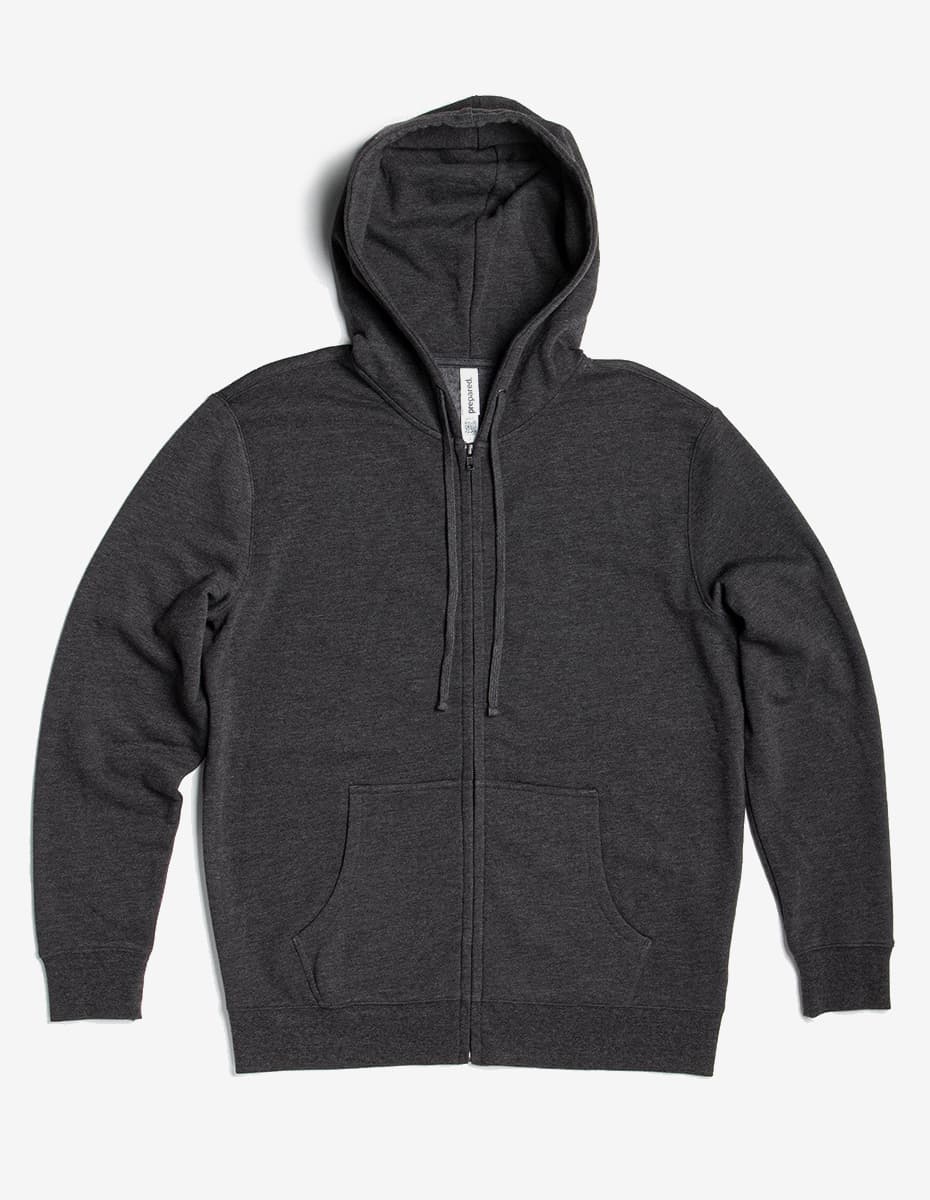 Unisex charcoal heather fleece zip hoodie by SpectraUSA, midweight fleece with full zip and adjustable hood.
