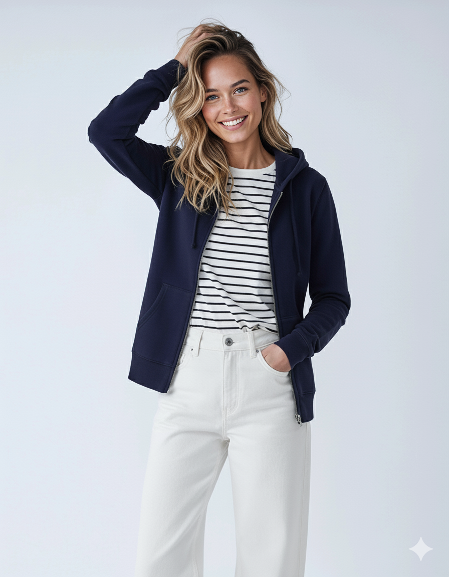 Unisex navy zip hoodie made of midweight fleece by SpectraUSA, shown with full front zipper and casual fit.