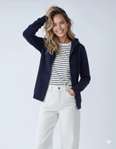 Unisex navy zip hoodie made of midweight fleece by SpectraUSA, shown with full front zipper and casual fit.
