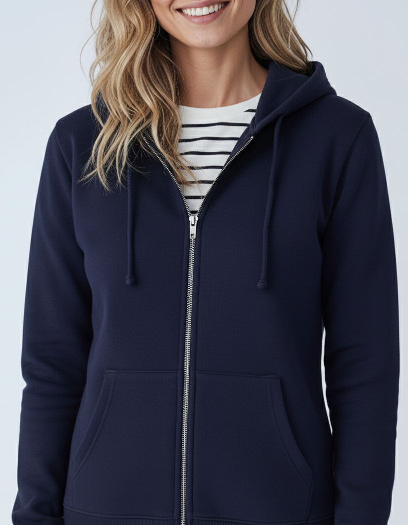 Unisex navy fleece zip hoodie by SpectraUSA with full zip closure, casual style, and comfortable midweight fabric.