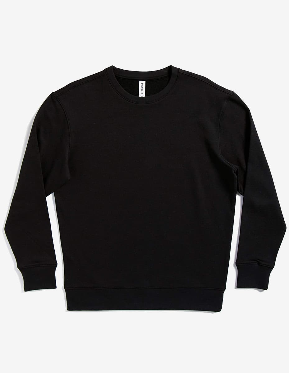 Black fleece crew neck sweatshirt by SpectraUSA, unisex midweight drop shoulder design, flatlay image showing front view.