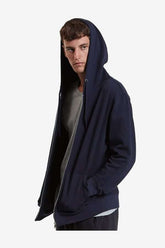 Unisex navy lightweight fleece zip hoodie by SpectraUSA, shown open with front pockets and full-length zipper.