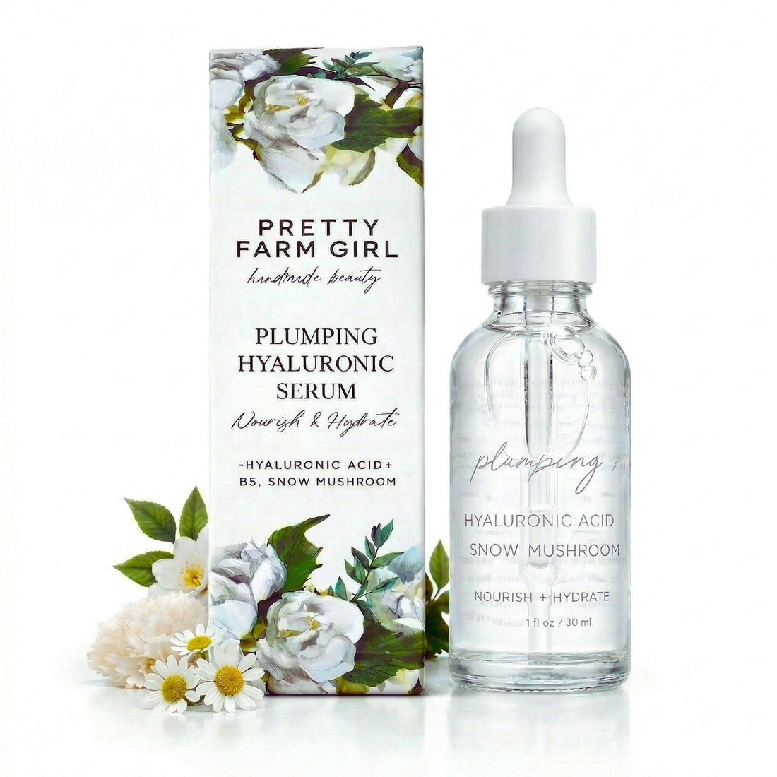 Pretty Farm Girl hyaluronic plumping face serum with vitamin B5 and snow mushroom, showing the serum bottle and natural ingredients.