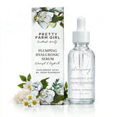Pretty Farm Girl hyaluronic plumping face serum with vitamin B5 and snow mushroom, showing the serum bottle and natural ingredients.