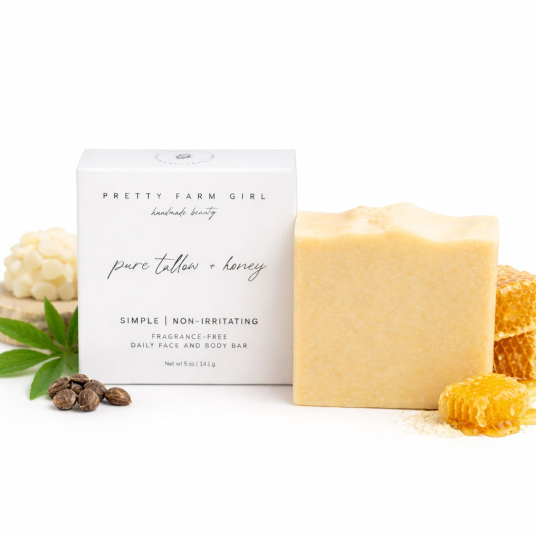 Natural handmade bar soap with pure tallow, honey, and goat milk by Pretty Farm Girl, showcasing a creamy, rustic soap bar.