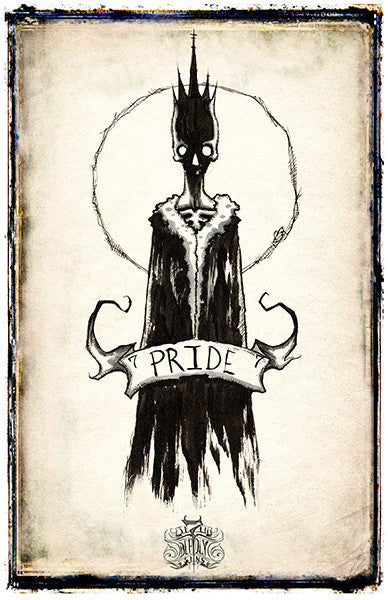 Colorful poster of the Seven Deadly Sins with Pride theme, featuring detailed illustrations and bold text, by Any Means Necessary Clothing
