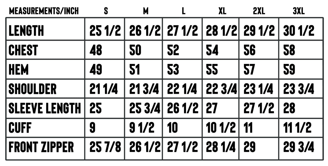 Image of Any Means Necessary Clothing Last Stand Puffer Jacket sizing chart showing different sizes and fit details.