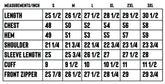 Image of Any Means Necessary Clothing Last Stand Puffer Jacket sizing chart showing different sizes and fit details.