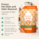 Puracy pet stain and odor remover bottle with spray nozzle, designed for cleaning pet stains on carpets and upholstery.