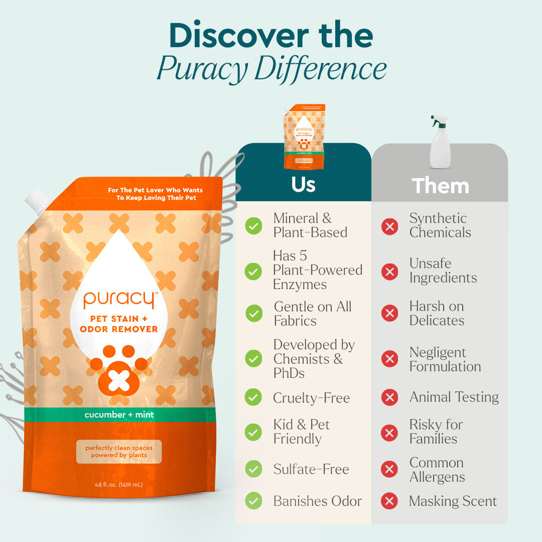 Puracy Pet Stain and Odor Remover bottle with spray nozzle, showing the label and product in a clean, well-lit setting