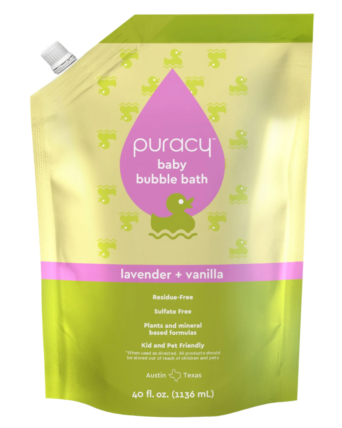 Puracy hypoallergenic baby bubble bath refill bottle with gentle, soothing formula for delicate skin and bath time fun.