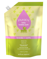 Puracy hypoallergenic baby bubble bath refill bottle with gentle, soothing formula for delicate skin and bath time fun.