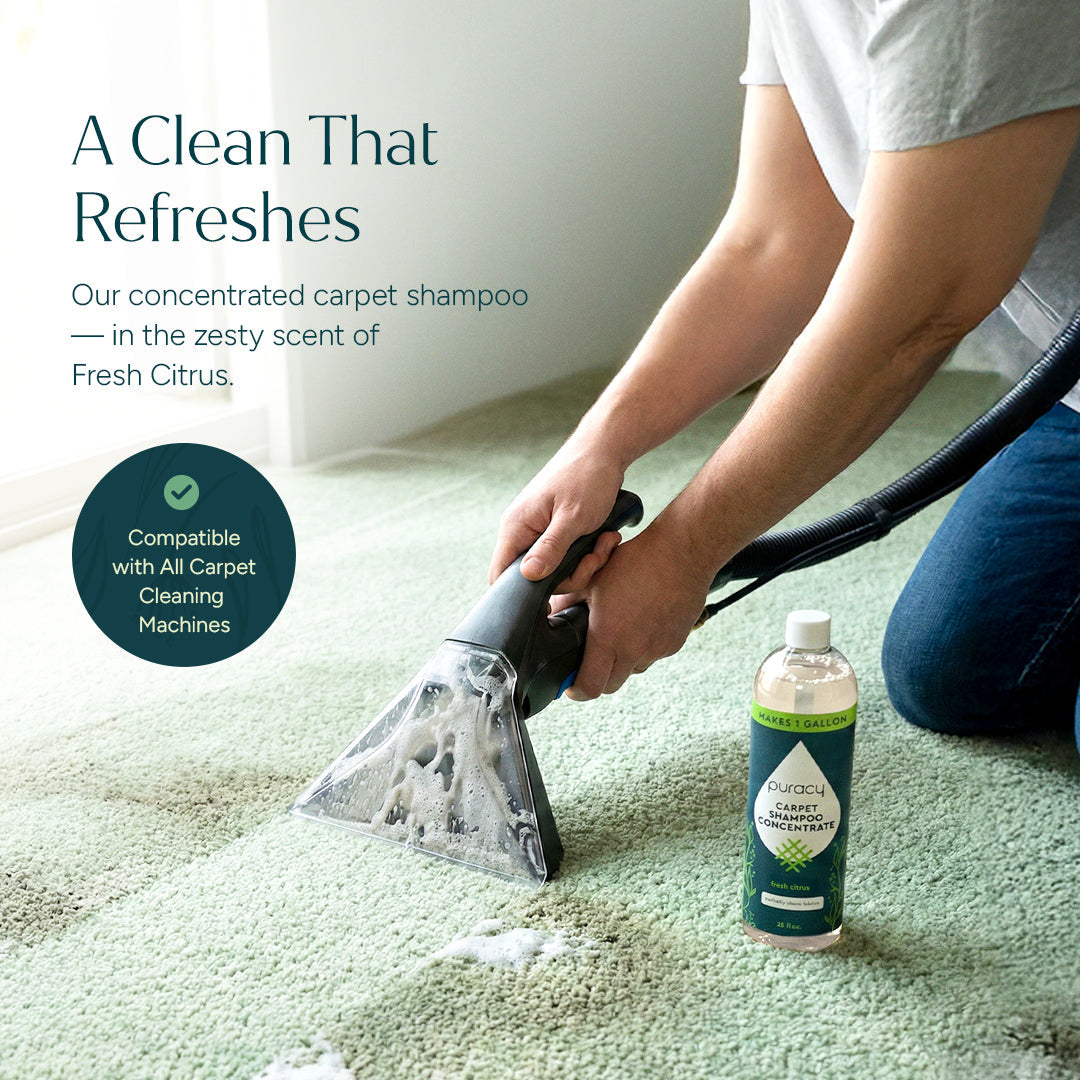 Puracy Carpet and Upholstery Shampoo bottle, showcasing a cleaning product designed for carpets and furniture.