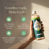 Puracy Carpet & Upholstery Shampoo bottle next to a clean carpet and upholstered furniture, showcasing deep cleaning formula.